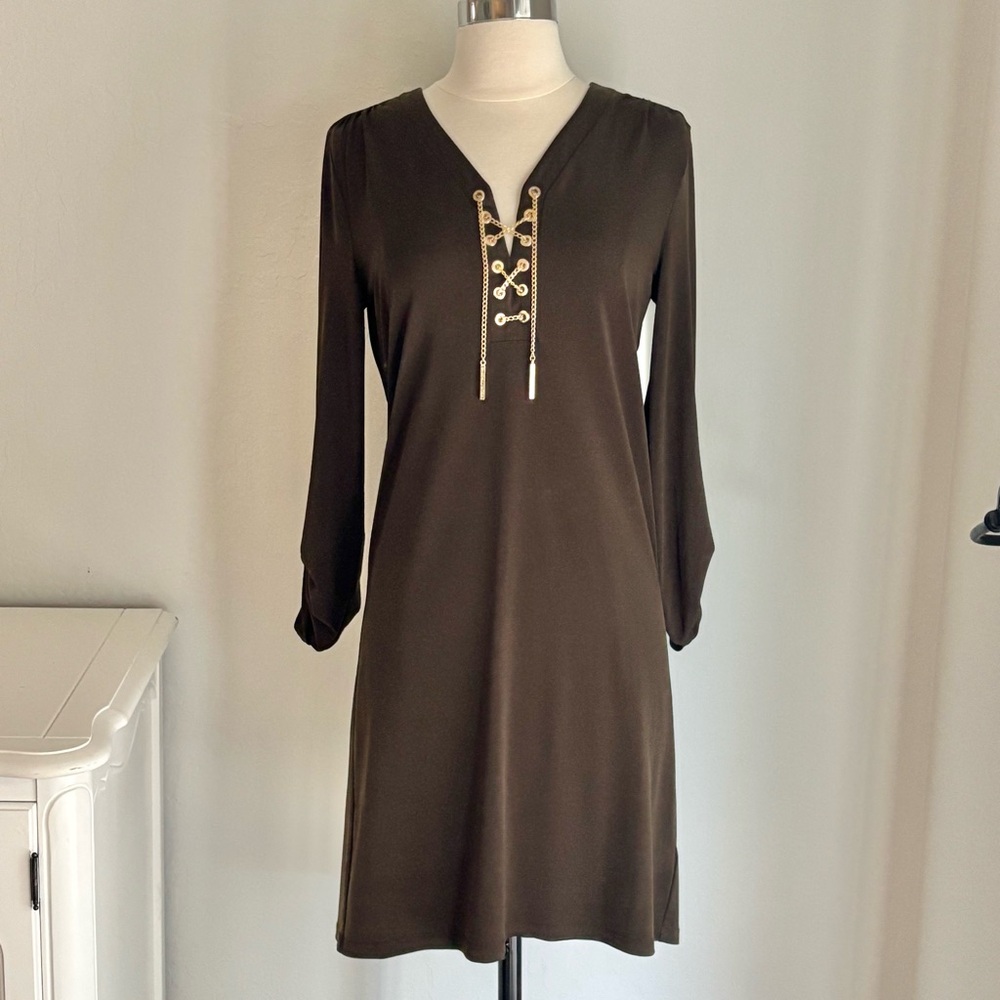 Michael Kors Brown Tab Sleeve Metal Chain Lace Front Stretch Dress, Small